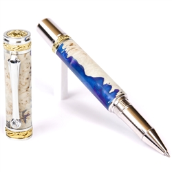 MAJESTIC JR Antique top Brass & Pewter Rollerball Pen - Tru Stone White and Gold Matrix - Clear Swarovski Crystal - Hand Crafted - Ready to Ship